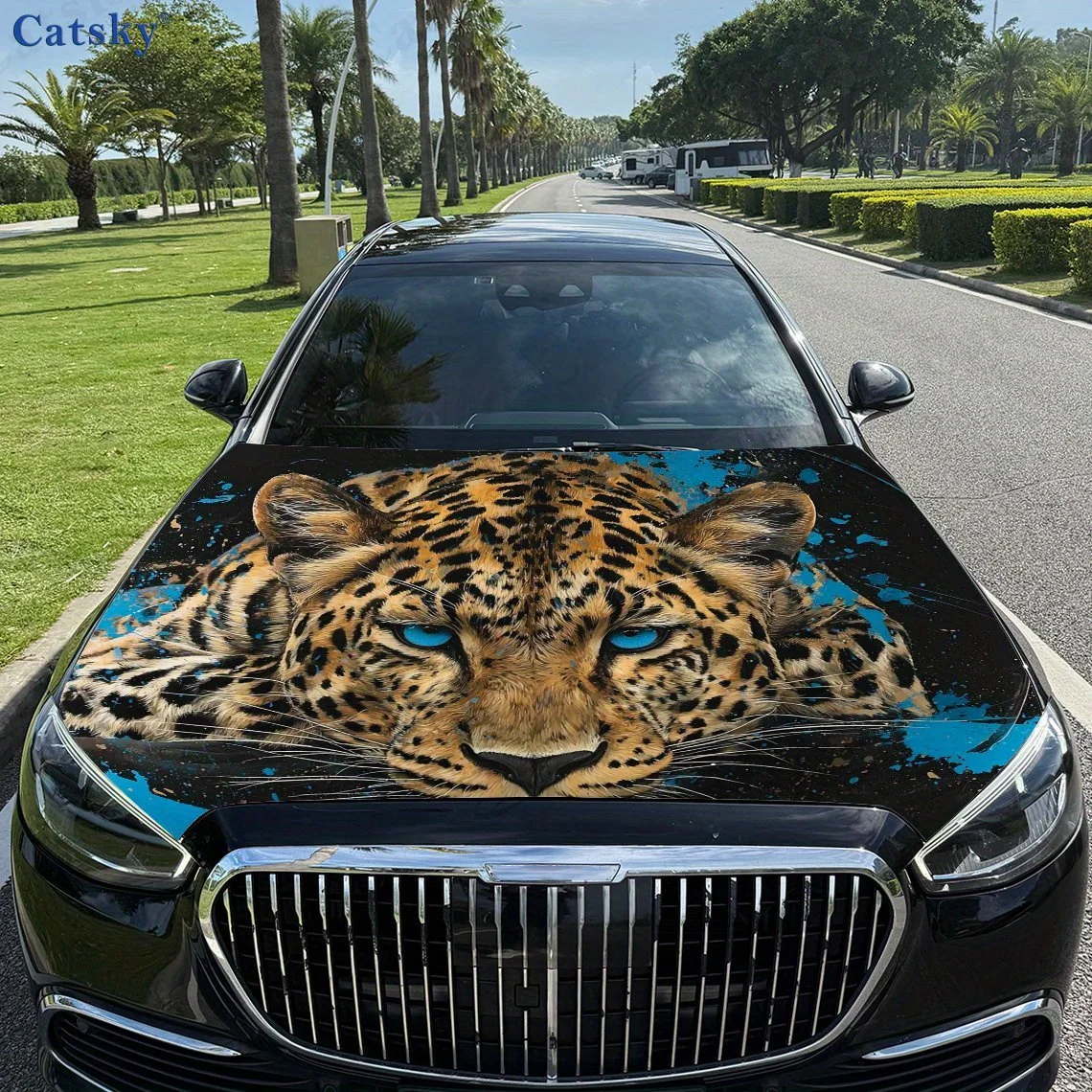 

Blue Eyed Splashed Ink Leopard Car Hood Vinyl Sticker Wrap Film Engine Cover Decals Sticker Universal Car Hood Protective Film,C