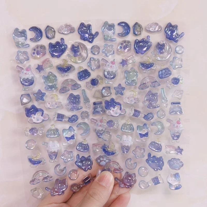 

Cartoon Blue Kitten Sticke Creativity Starry Sky 3D Relief Sticker Diy Diary Phone Case Ccd Decoration Boy Girl Reward Stickers