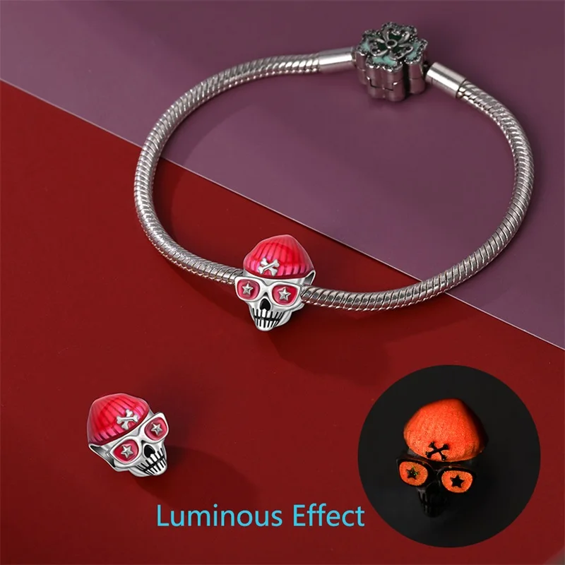 Amazing 925 Sterling Silver Glow in the dark Boo Ghost Charm Fit Original Bracelet Sparkling Skull Char Halloween Jewelry Gift