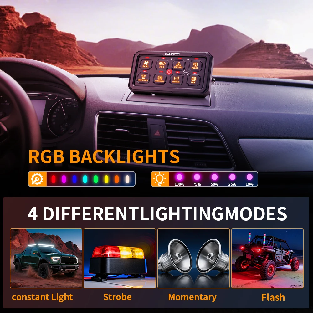 US stock 8-position switch panel waterproof LED backlight auxiliary control box, suitable for cars, trucks, ships, UTV, ATV ligh