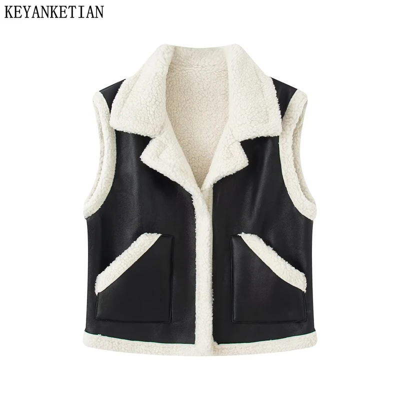 

KEYANKETIAN Winter New Women's Fur One-piece Fleece Patchwork Vest Women Fleece Pocket Decoration Sleeveless Jacket