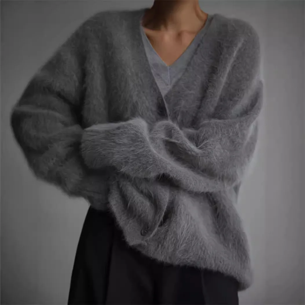 

Loose Pure Color V-Ne Knitted Sweater Women's Jaet Faux Fur Outerwear Autumn 2024 New Sle Comfortable Fit Ladies Knitwear