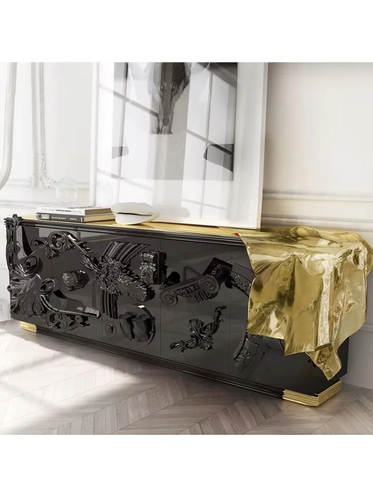 Gold copper cabinet, hand-carved walnut sideboard