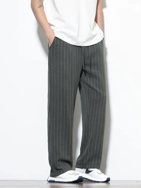 

Spring Summer Linen Mix Wide Leg Pants Men Loose Straight Cut Harem Pants Trendy Large Size Stripe Casual Trousers