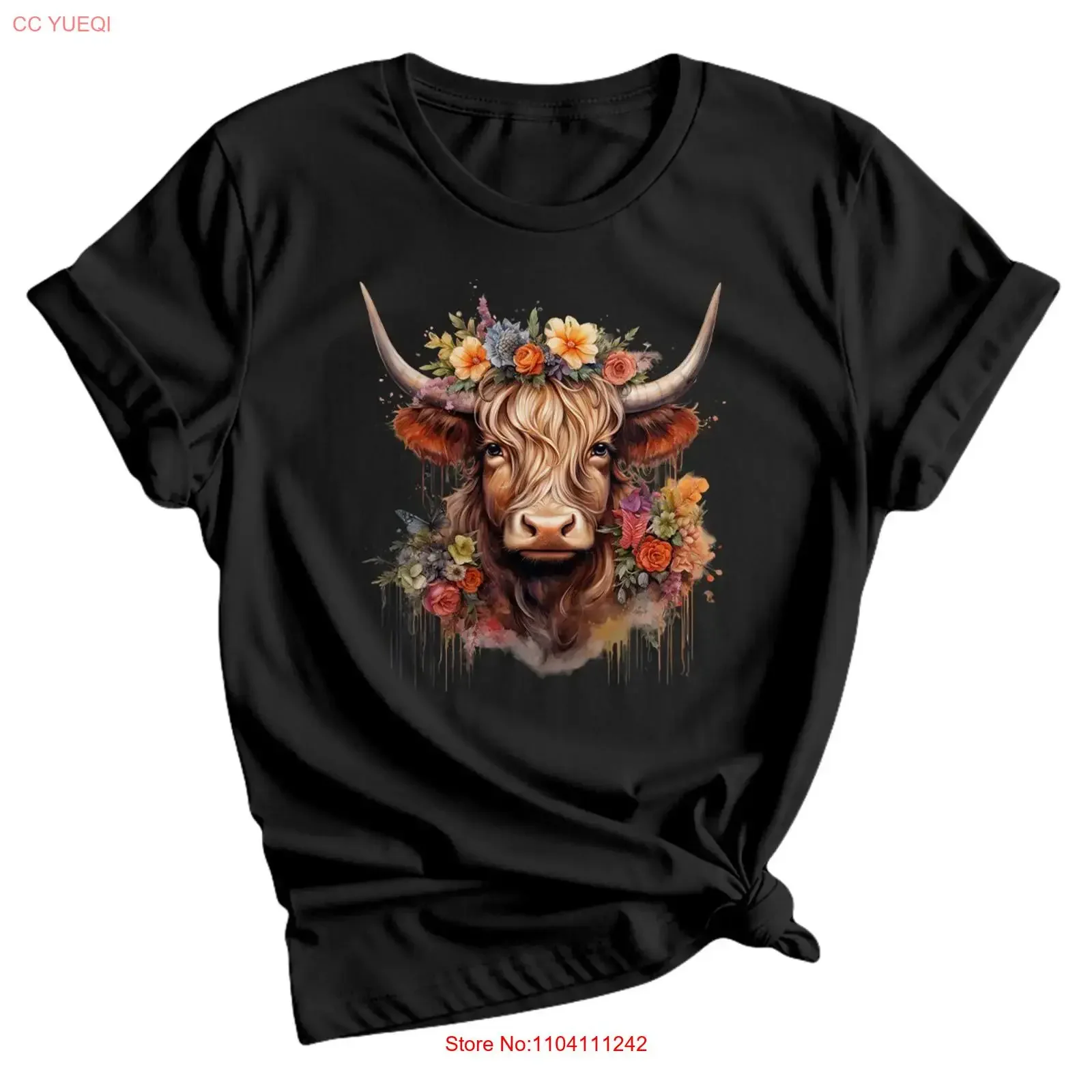 Highland Cow Sunflower Floral Milk Farm Scottish Funny Womens T Shirt Top vintage Washed Unisex Breathable homme
