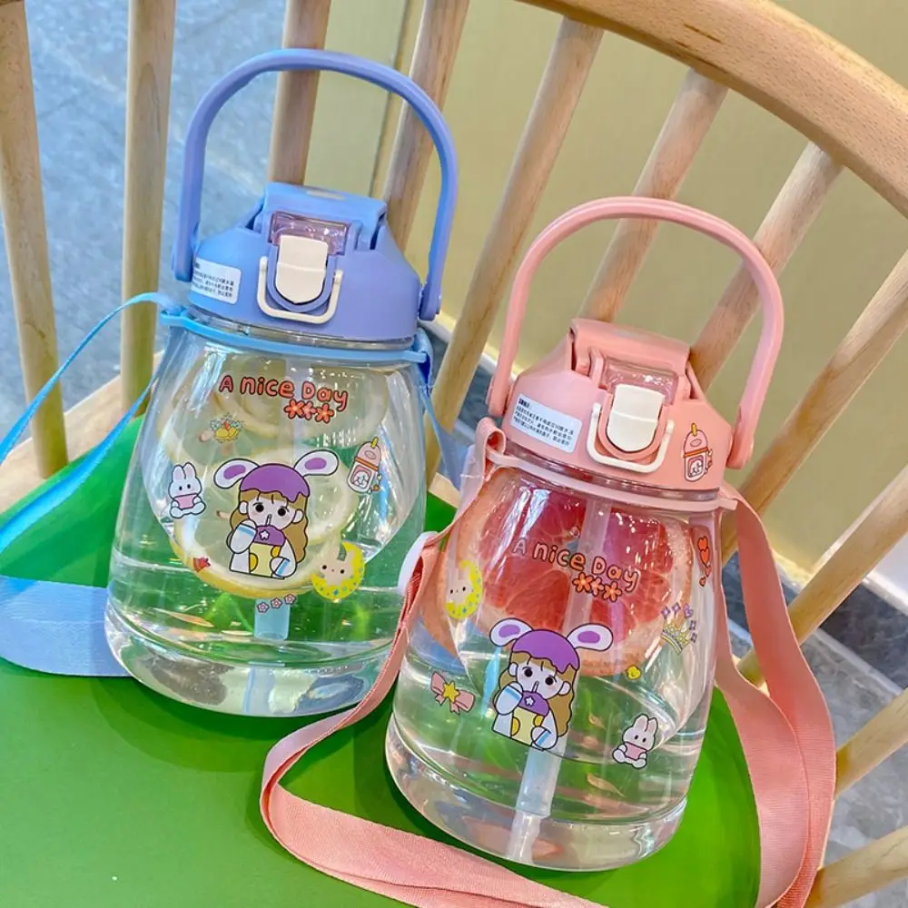 

with Straw Water Bottle with Straw Big Belly Cup 1.3L Transparent Water Bottle Portable Korean Style Large-Capacity Water Cup