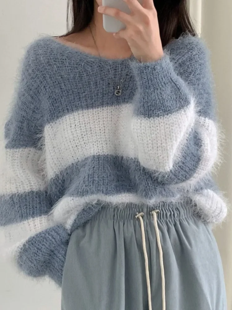 Sueter Mujer Fashion Striped Sweater Women Long Sleeve Hollow Out Mohair Jumper Casual Korean Knitted Thin Pullovers Y2k Tops