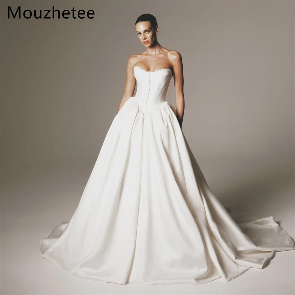 

Mouzhetee A-Line Strapless Elegant Satin Wedding Dresses Simple Sleeveless Button Brides Gown Custom Made 2025