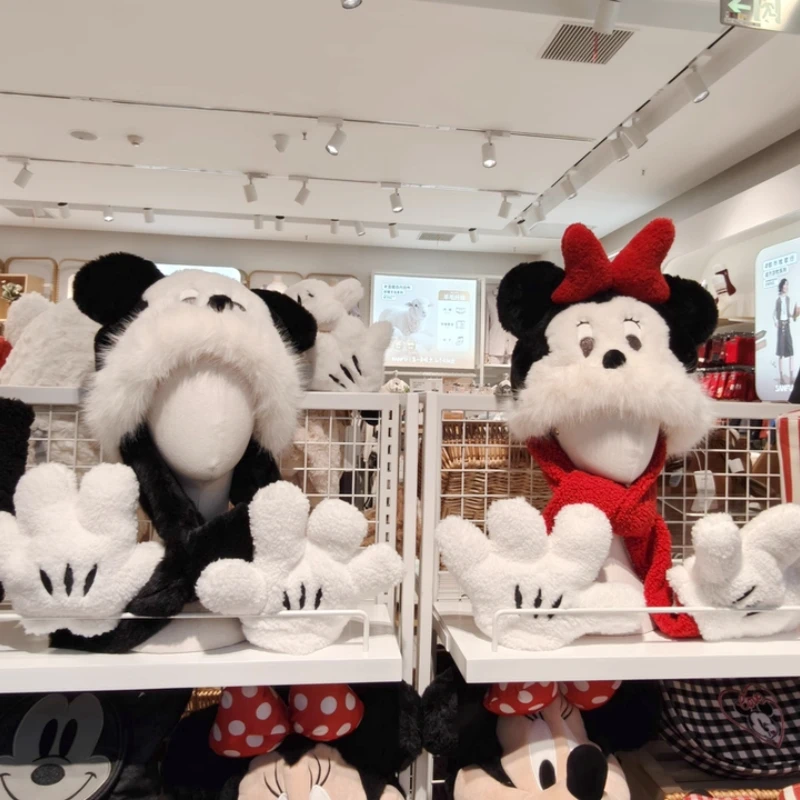 

Disney Peripheral Mickey Minnie Fashion Hat Glove Women Plush Winter Warm Soft Thickening Pocket Warm Ear Hats Hooded Cute Gift