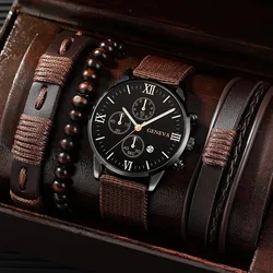 5PCS Set Fashion Mens Sports Bracelet Watches For Men Retro Big Dial Quartz Wrist Watch Classic Male Casual Brown Leather Watch