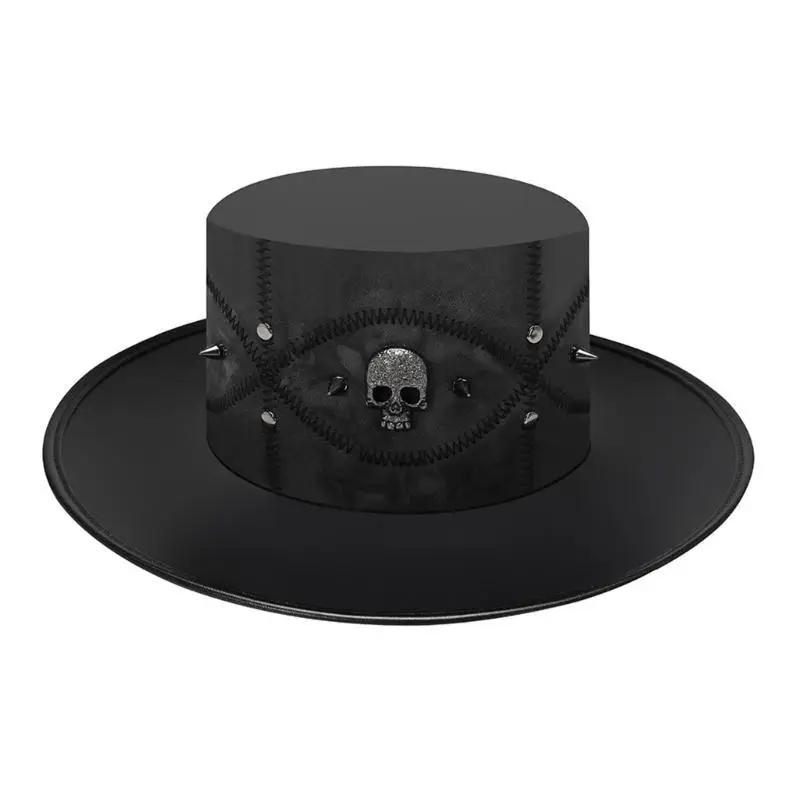 

652F Steampunk Top Hats Women Men Halloween Costume Cosplays Party Accessory with Skull Rivet Decorations Black Hat