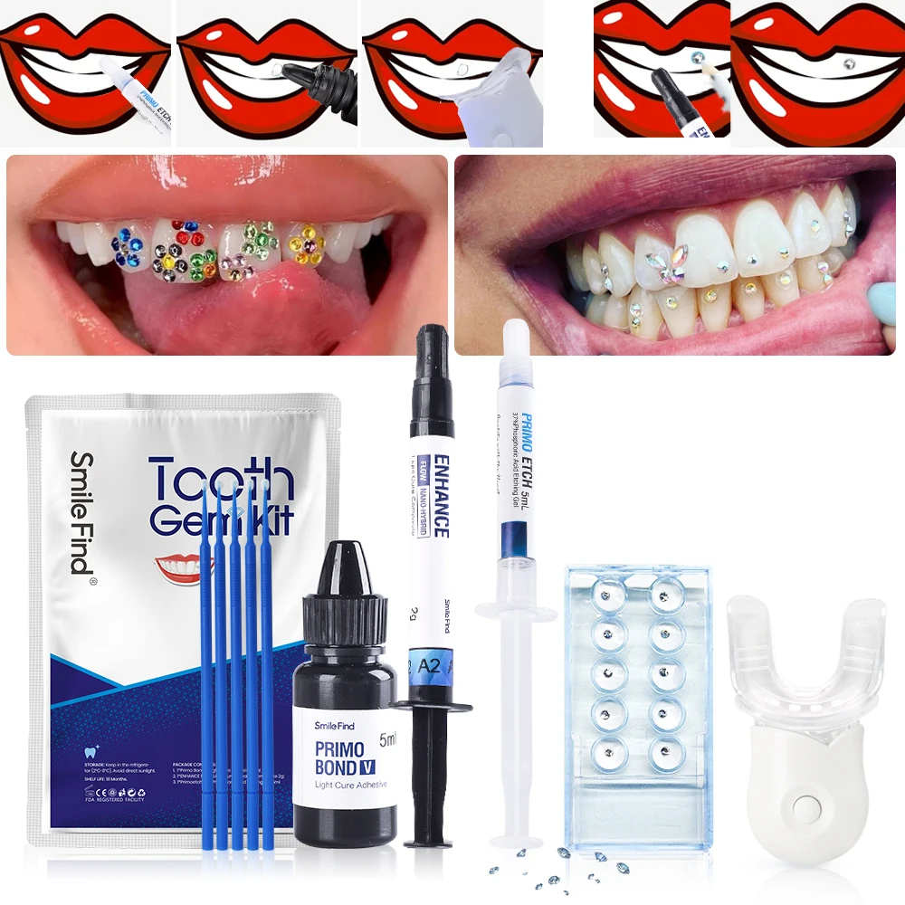 Tooth Gem Kit with Curing Light and Glue Diy  Dental Jewelry Diamond Crystals Ornament Self Etch Resina Orthodontic Adhesive Gel