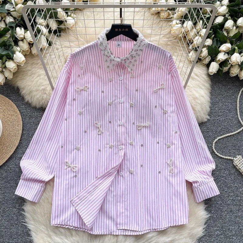 

Women's Autumn Spring Top Coat Shirt Bow Diamond Stripes Long Sleeves Loose Casual Design Fashion Soft Niche Versatile Skinny