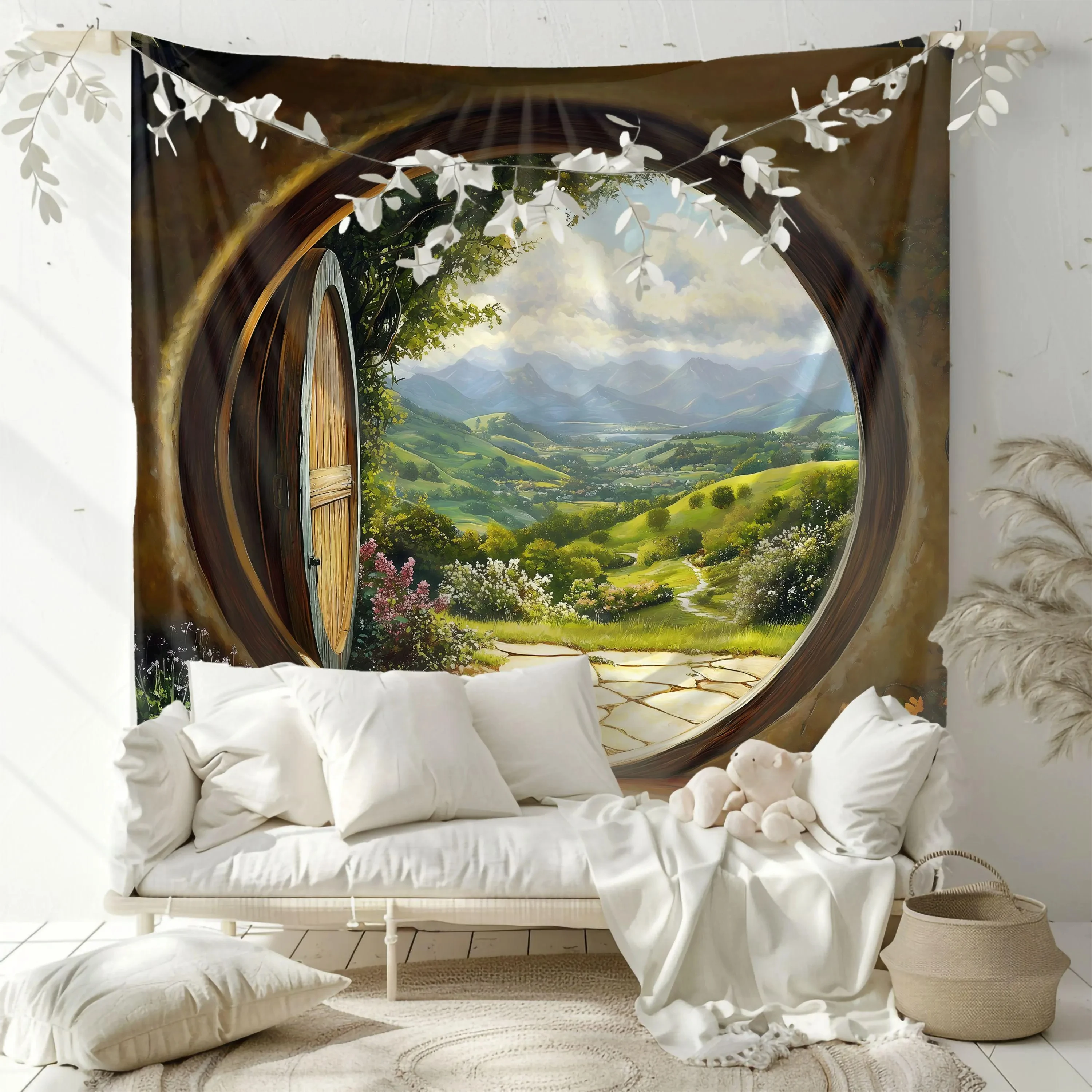VIKAMA Hobbit Shire Round Window Tapestry World Background Cloth Lord of the Rings Theme Room Decoration
