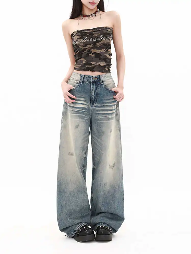 

Женские светло-голубые мешковатые джинсы с карманами в стиле Харадзюку, джинсовые брюки в японском стиле 2000-х годов, винтажные джинсовые брюки Y2k, трясая одежда оверсайз