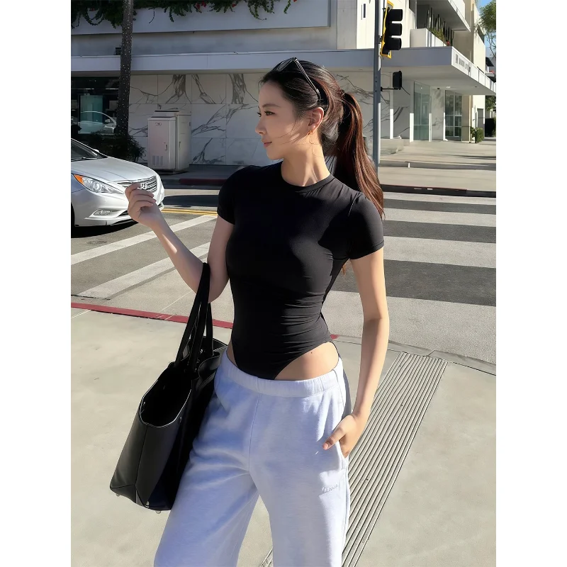 Korean Style Pure Desire Short Sleeve round Neck Base T-Shirt Women Early Spring New Slimming High Waist Jumpsuit Top