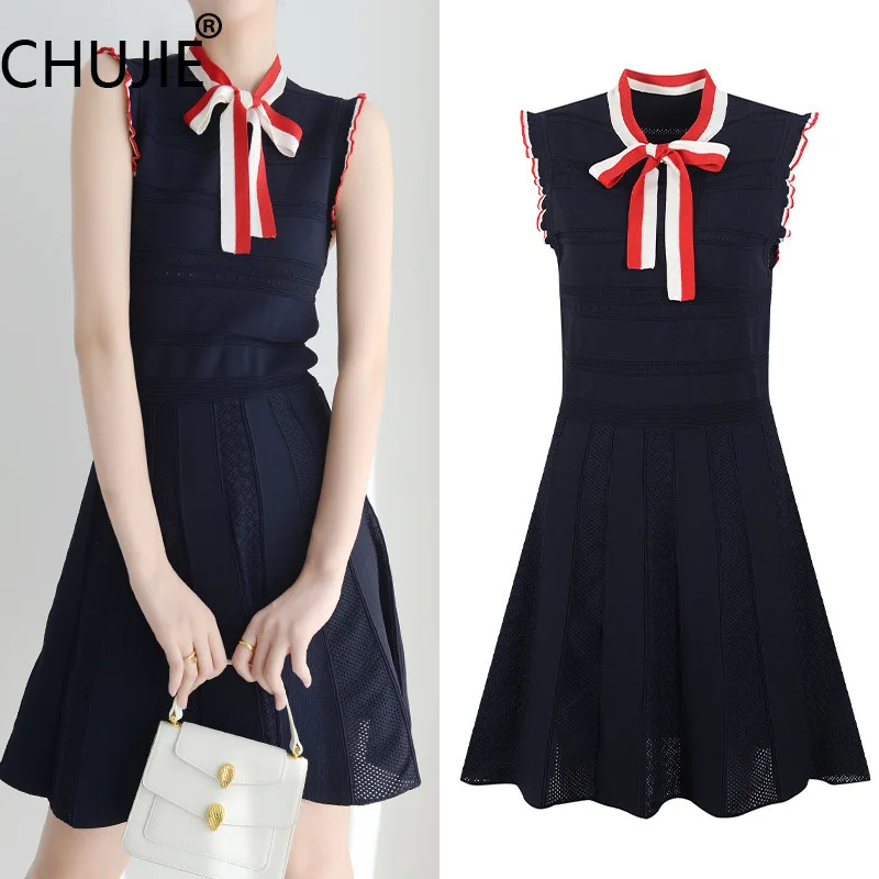 

CHUJIE 2025 New Sleeveless Bow Tie Dress - Fashion Bodycon Color Block Knit Mini, Waist-Defining Summer Dress