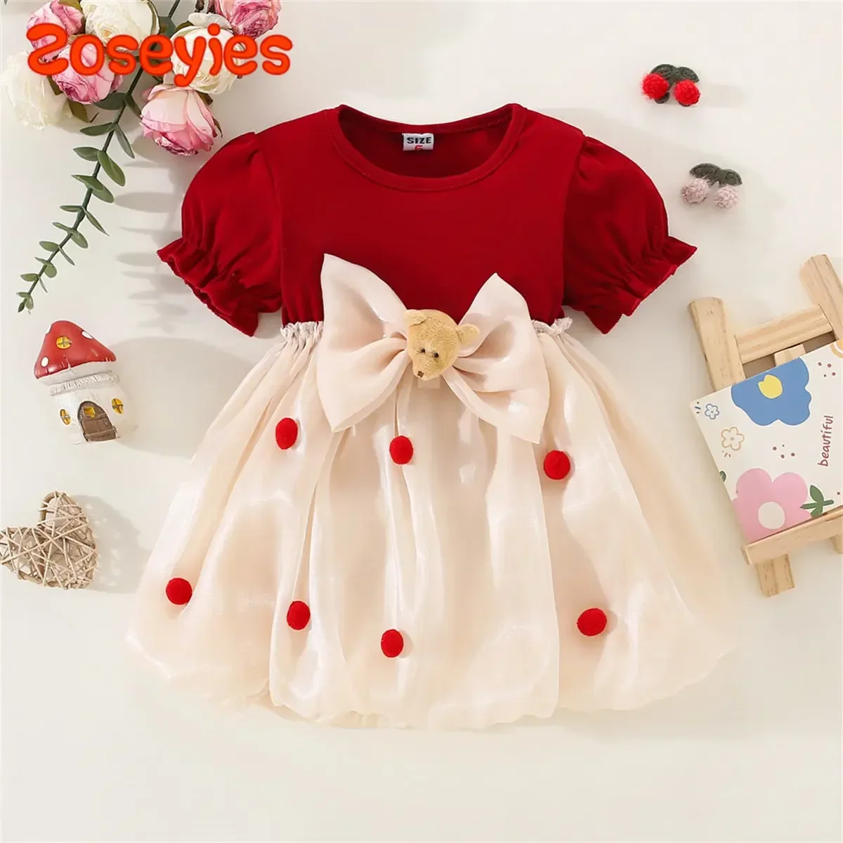 New Baby Girl\'S Dress Knitted Panel Wool Ball Twilight Cloud Bow Short Sleeve Princess Daily Wear