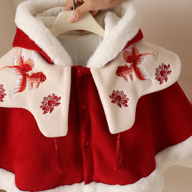 Thiened Fluffy Baby Girl Autunno Inverno Outfit Coperta antivento Cowl Coat Neonato Gita Vestiti Pantaloni lunghi a vita alta