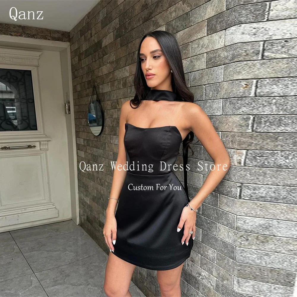 

Qanz Modern Prom Dresses Black Soft Satin Mini Vestidos Para Mujer Cóctel Above Knee Party Dresses Club Women Customized