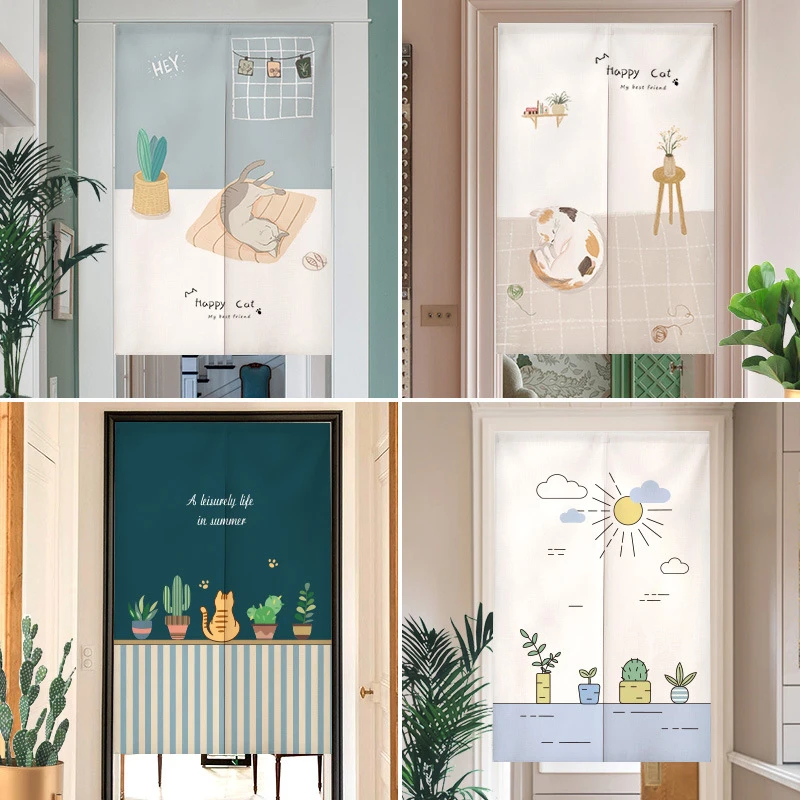 VIKAMA Ins Style Kitten Noren Door Curtain Cute Pet Botanical Pattern Room Divider Curtain For Bedroom Kids Room Decor
