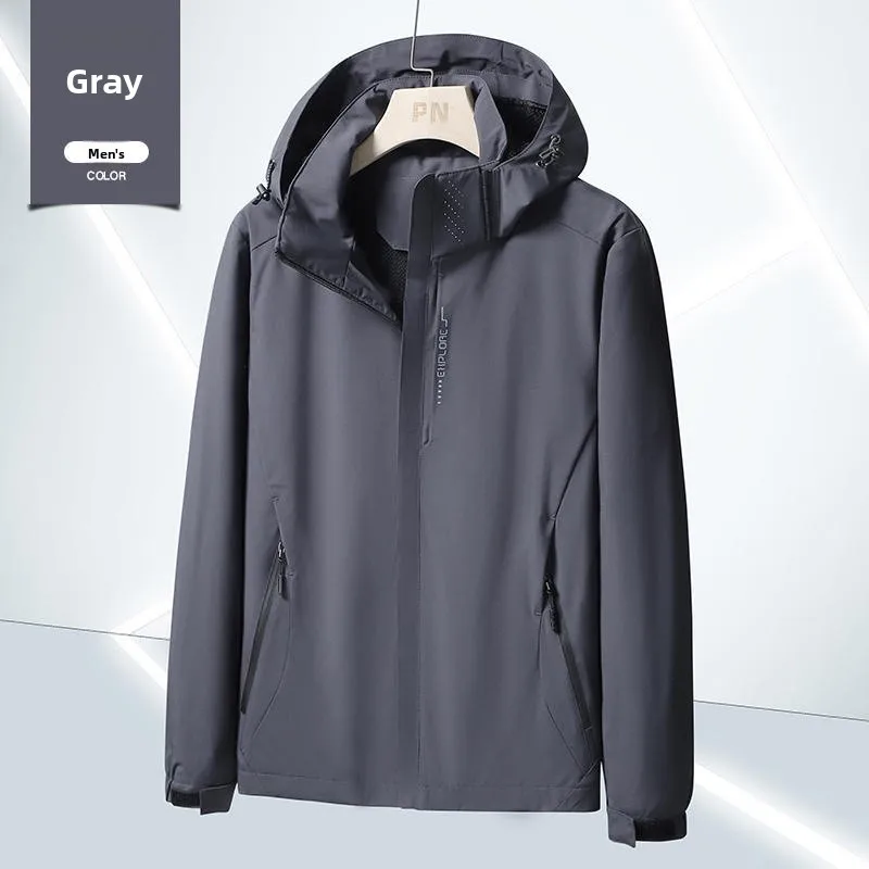 سترة رجالية للربيع والخريف للاستخدام الخارجي كاجوال عصرية مقاومة للرياح ومقاومة للماء من ألياف البوليستر وسحاب للإغلاق معطف بقلنسوة