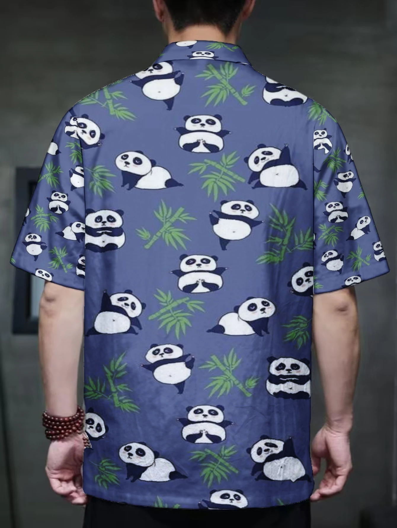 Men Mandarin Collar Frog Button Short Sleeve Shirt Cute Cartoon Animal Print Oriental Casual Top With Dual Pockets