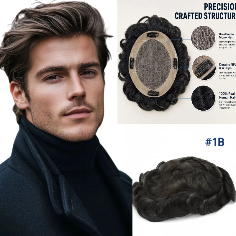 Human Remy Hair D7-3 Mono Base Men Hairpiece With Clips 8x10 6inch 30mm Wave Mono+NPU Handmade Remy Hair For Anniversaries