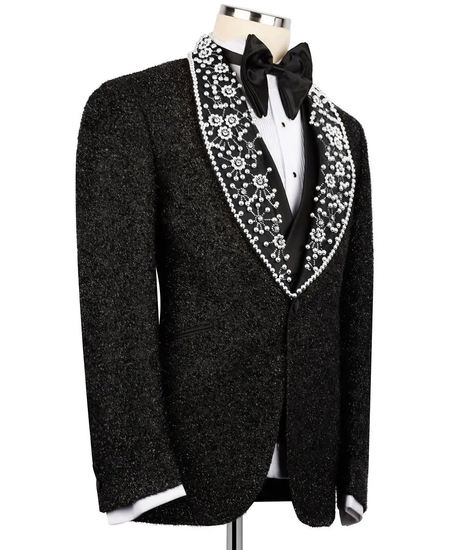 Sequined Men Wedding Tuxedos Beads Pearls Shawl Lapel Groom Wear 3 Pieces Jacket Sets Business Banquet Birthday Party Customized