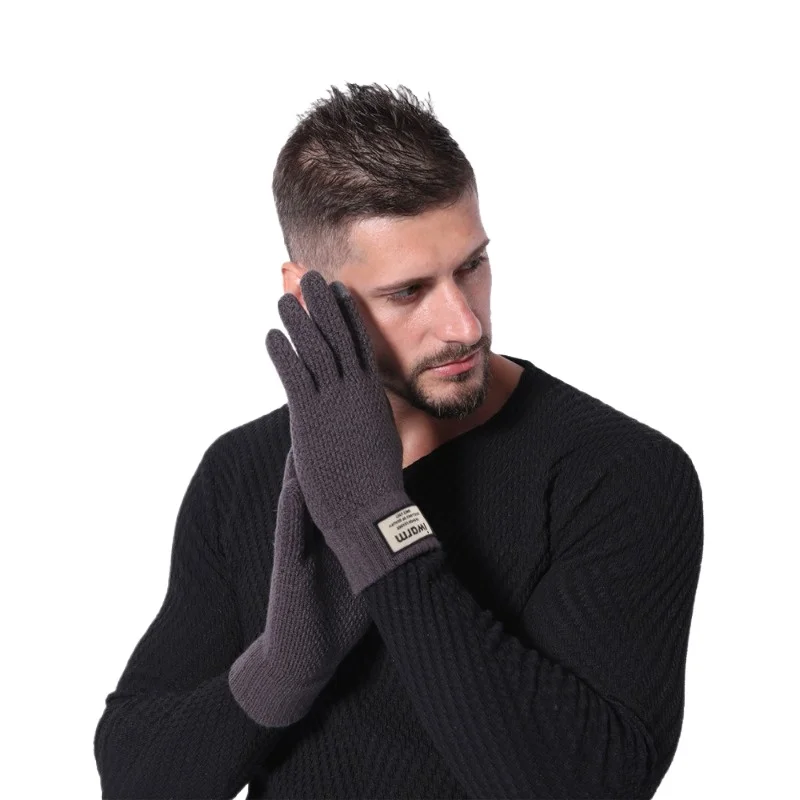 Winter Warm Knit Gloves for Men Touch‑Screen Compatible Elastic Wrist Cuff Label Decoration Thermal Gloves for Driving Walking