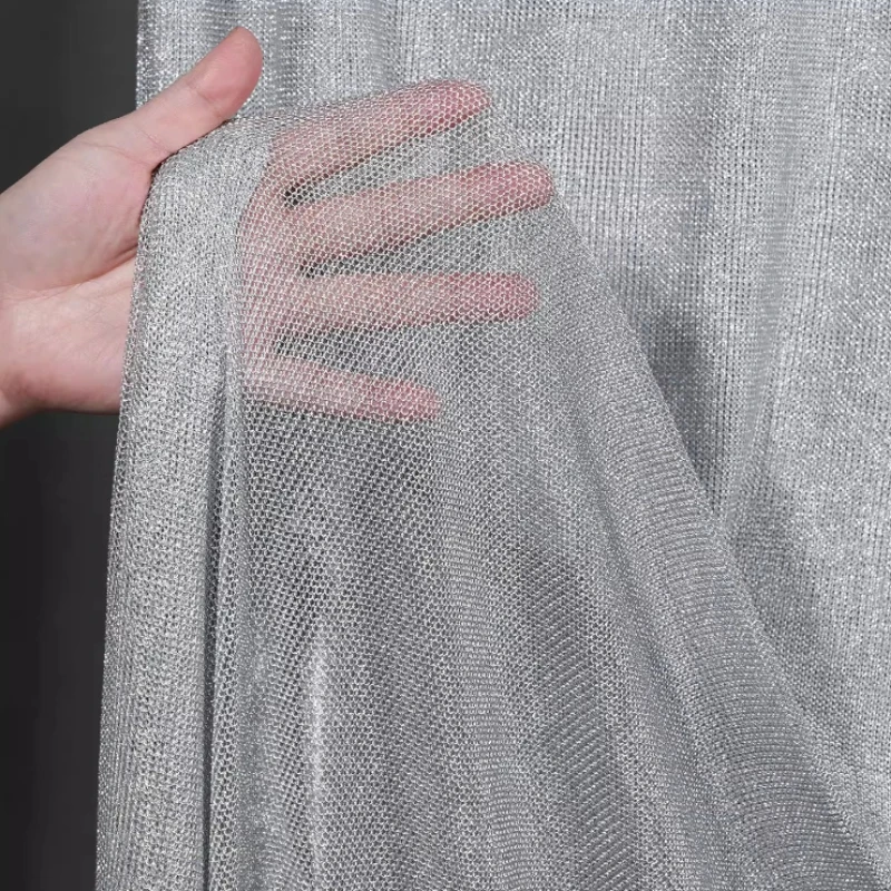 L50cm X W145cm Silver Metallic Chain Knit Mesh Fabric Stretch Sheer for Couture Lingerie Costume Clothing Design Fabrics Sewing
