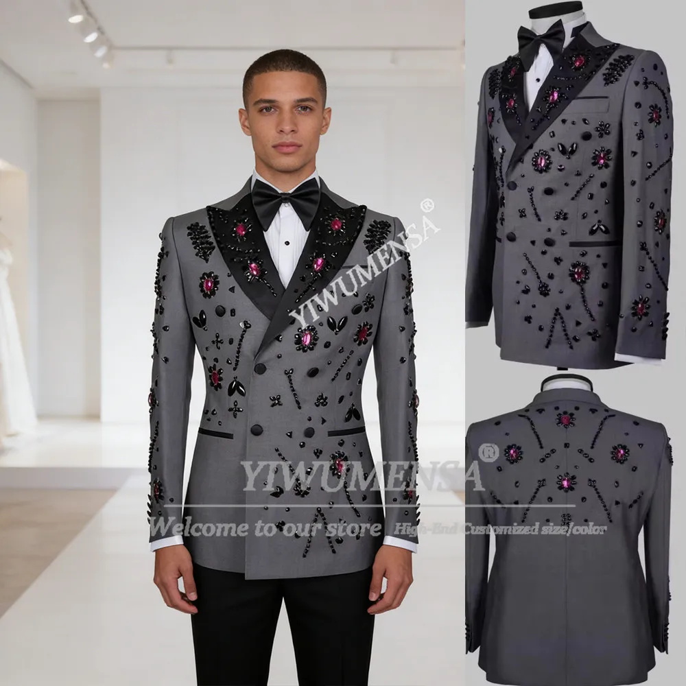 

Brilliant Rhinestones Beaded Groom Wedding Suits Customized 2 Piece Double Breasted Jacket Trousers Customized Men Party Tuxedos