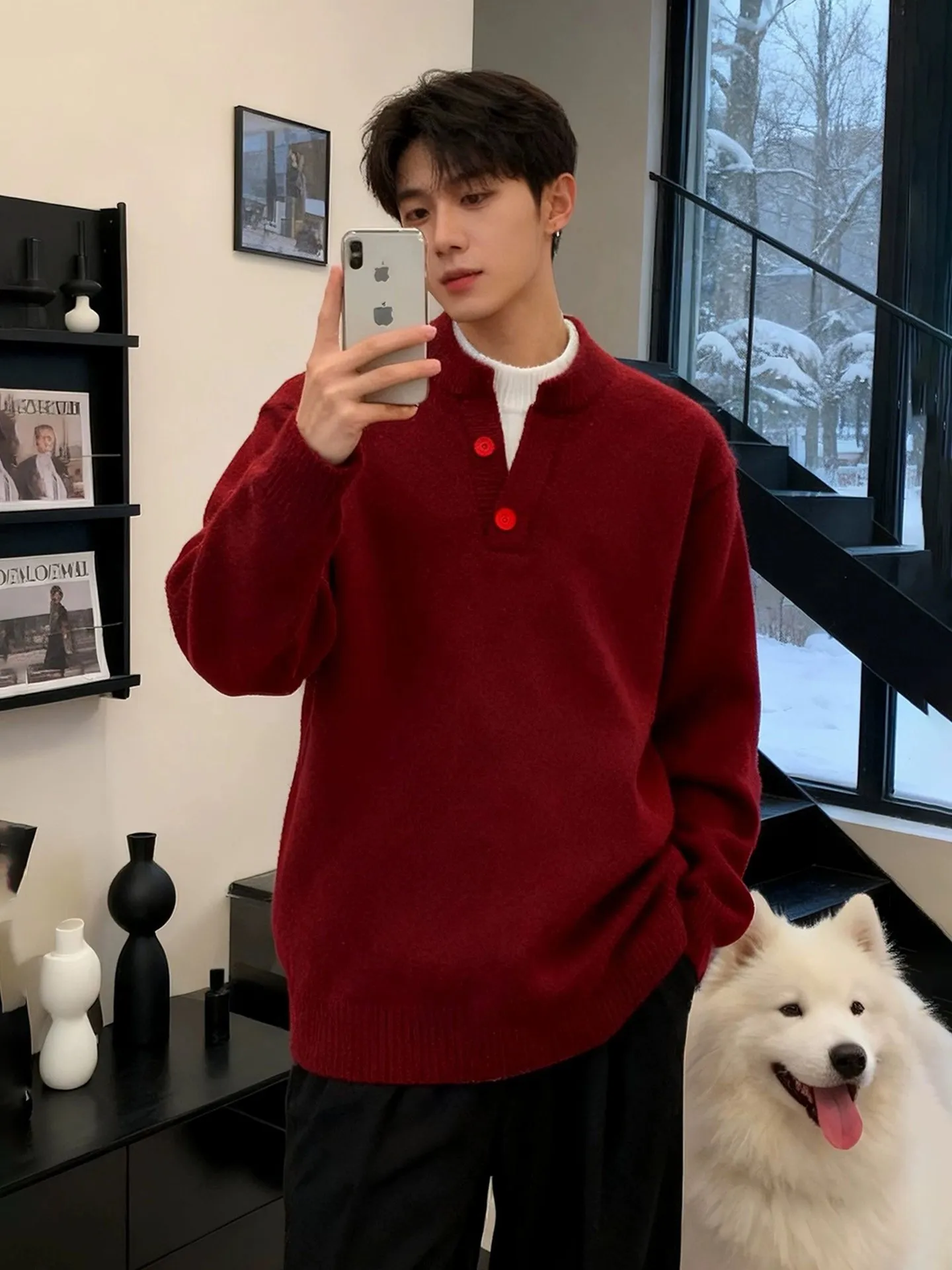 

Мужской зимний повседневный свитер Thiened Red с круглым вырезом, воротником Хенли, имитацией двухслойности, теплый, комфортный, вязаный топ