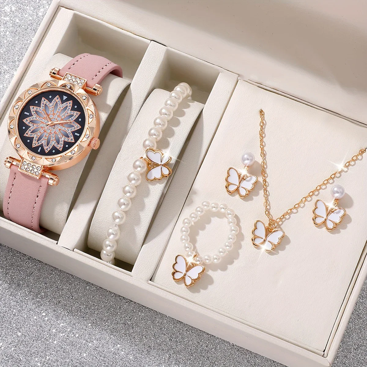 Modisches, trendiges, leichtes Luxus-Diamant-Set, Blumen-Zifferblatt, Lederarmband, Damen-Quarzuhr, Schmetterlingsschmuck, 6-teiliges Set für Thanksgiv