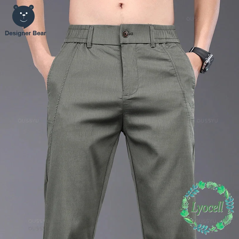 

Brand Clothing Spring Summer Thin Stretch Lyocell Fabric Men's Casual Pants Slim Elastic Waist Business Trousers Man Green Grey
