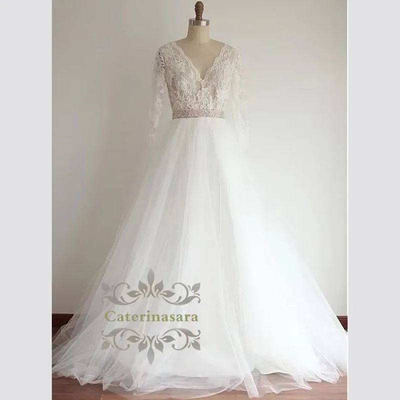 Illusion Long Sleeves Tull Wedding Dress Lace Appliques Bridal Gowns with Crystal Belt A-Line Long Bridal Dresses