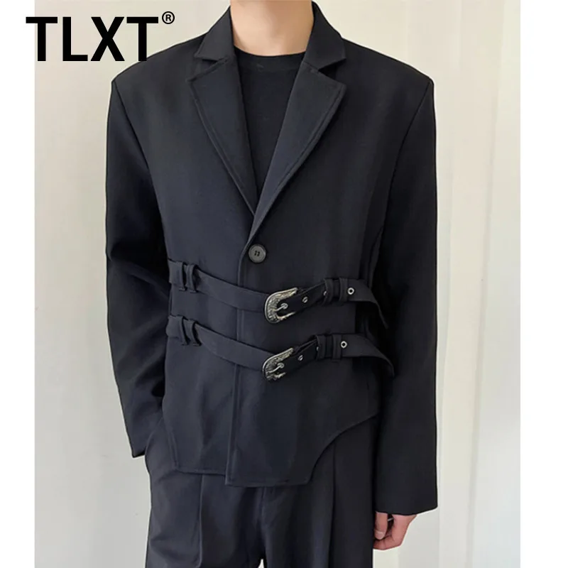

TLXT Fashion Women's Solid Loose Spliced Belts Temperament Jackets Lapel Long Sleeves Minimalist Jacket Female Clothing New