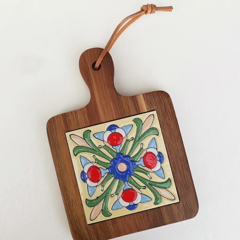 Solid Wood Flower Tile Coasters Heat Insulation Durable Waterproof Coaster Household Restaurant Retro Placemats Casserole Mats