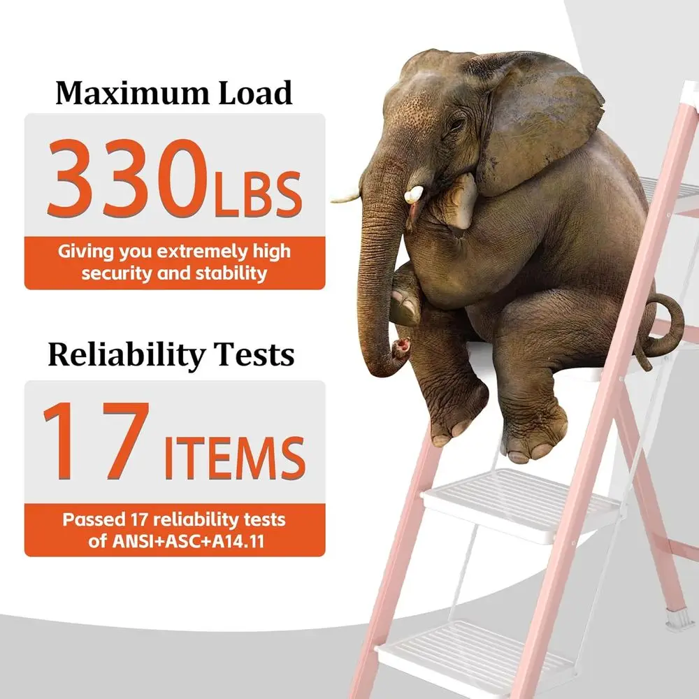 سلم محمول قابل للطي مع مشطات مضادة للانزلاق، إطار فولاذي متين، مثالي للمنزل والمكتب، وردي وأبيض