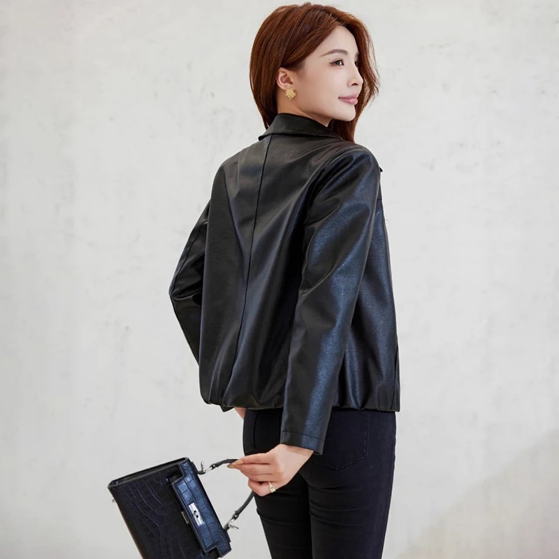 الكورية مزاجه فو سترة جلدية المرأة ربيع الخريف رقيقة معطف جلد ناعم امرأة مكتب سيدة واحدة الصدر التلبيب سترة #4