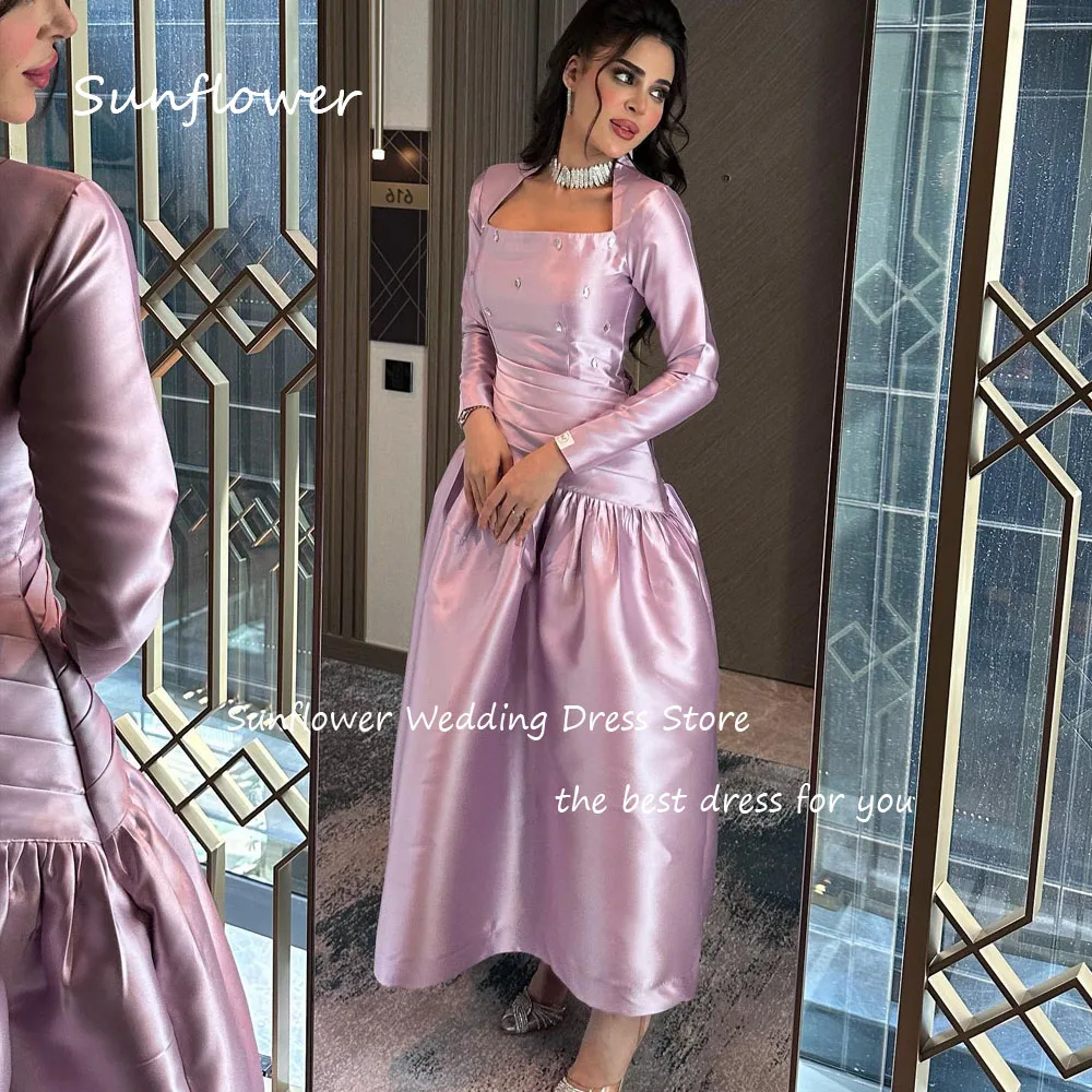 Sunflower Simple Pink Beading Square Collar A-LINE Formal Evening Dress Saudi Arabia 2024Slim Satin Long Ankle-Length Prom Dress