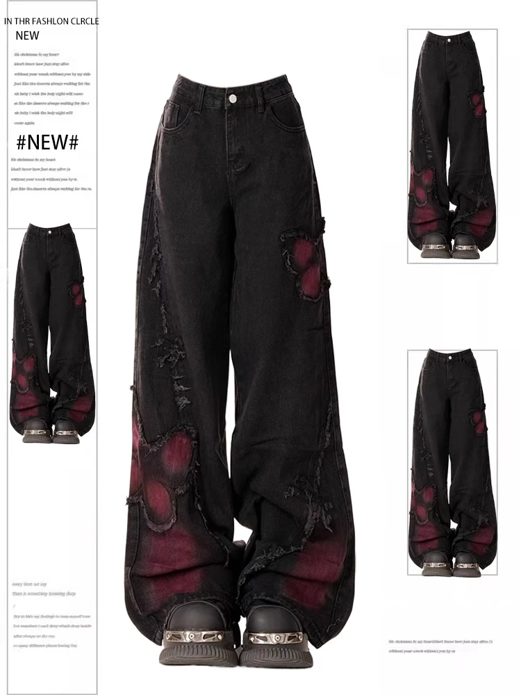 

Black Embroidered Wide Leg Denim Jeans Women's Spring Autumn Cool Spicy Girls plus Size Straight Leg Slimming Pants