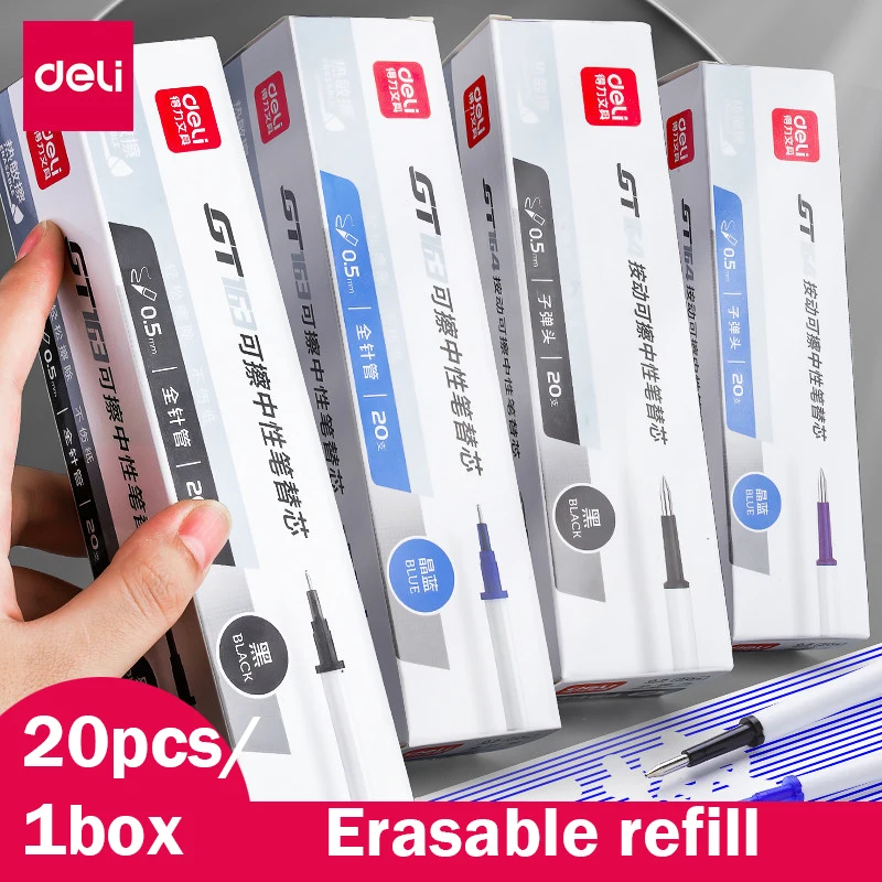 Deli-Stylos gel rechargeables, noir, bleu, rouge, pointe Bullet, fournitures scolaires et de bureau, accessoires Kawaii, papeterie, 0.5mm, 20 pièces, ensemble