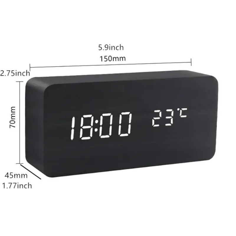 Rectangle Sound Control Wooden Wood LED Alarm Clock Desktop Table Digital Thermometer Wood USB/AAAA Date Display