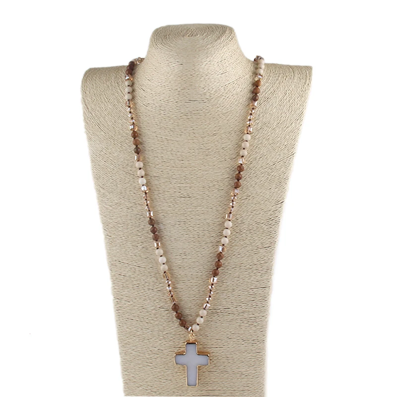 Fashion Bohemian Jewelry Accessory 6mm Stone/Glass Knotted Cross Stone Pendant Necklaces For Women