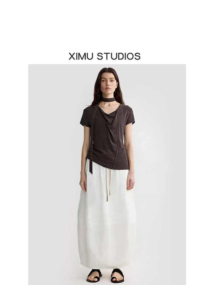 

XIMU STUDIOS Модная женская футболка из 100% шерсти с коротким рукавом, удобная, свободного кроя, с тонкой текстурой, повседневный топ