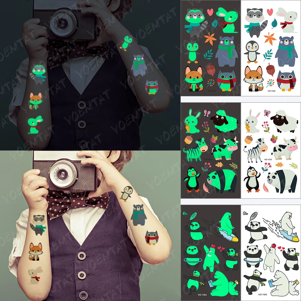 

Waterproof Temporary Tattoo Stickers Kids Cartoon Animal Panda Fox Polar Bear Cute Luminous Tatoo Kid Body Arm Flash Fake Tatto