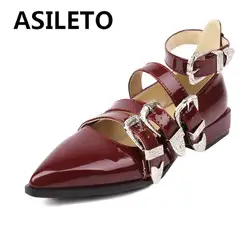 ASILETO projekt kobiety buty Pointed Toe klamry pasy duży rozmiar 45 46 47 moda dziewczyny mieszkania ozdoby metalowe Daliy miękkie S4903