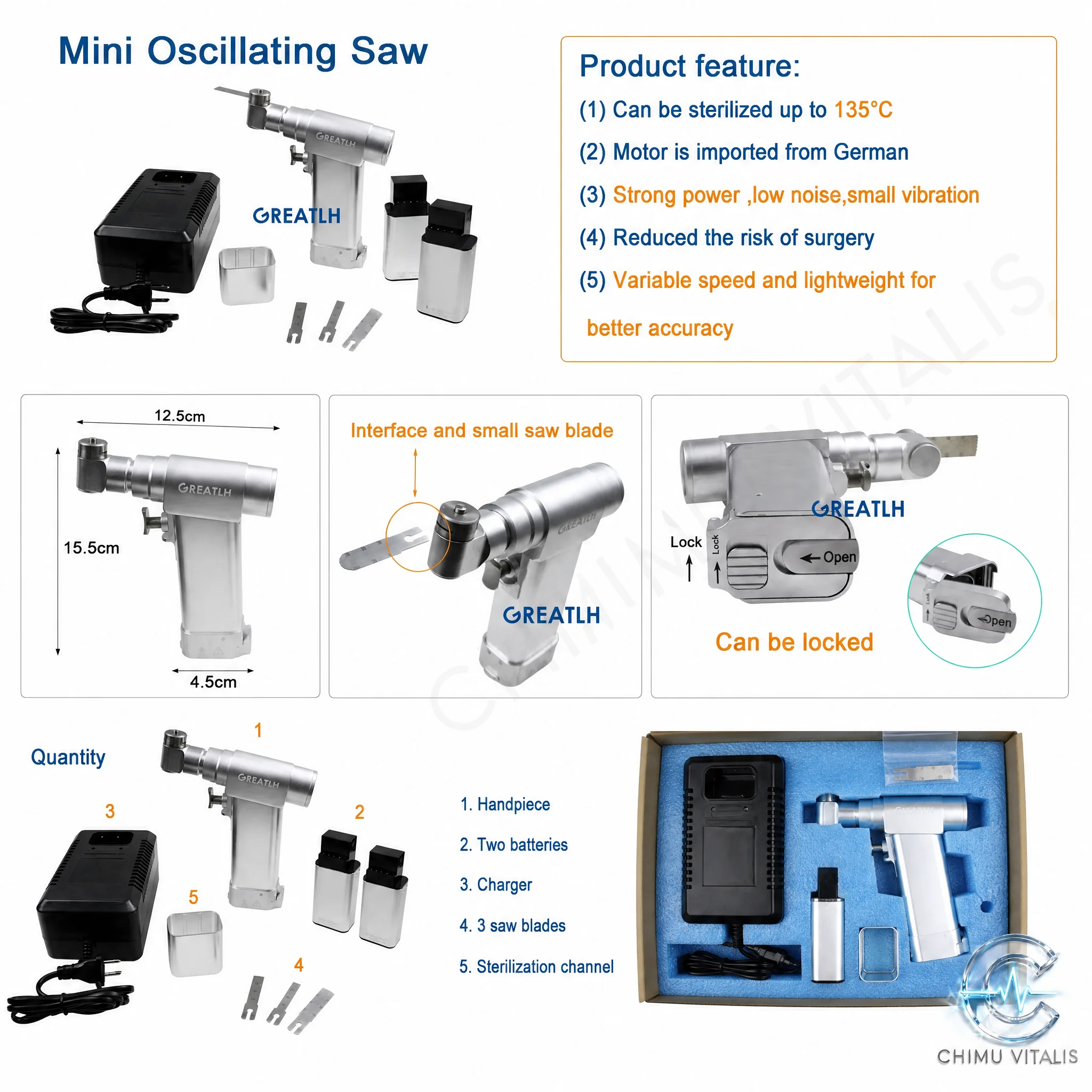 【CHIMU VITALIS】Portable Electric Oscillating Saw Set with 2 Batteries, Charger and 3 Blades