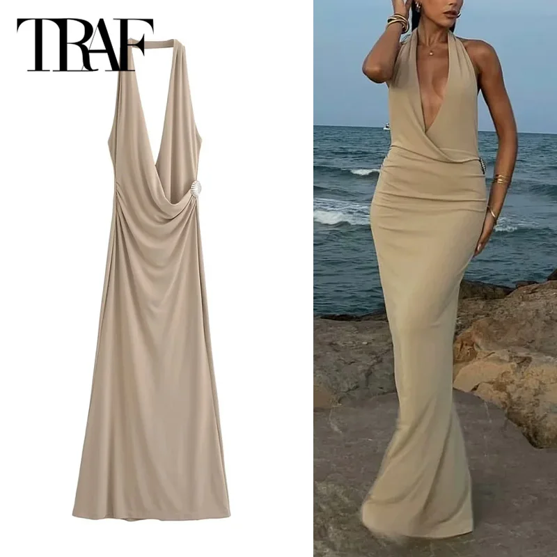 TRAF Long Dresses 2024 Summer Elegant Party Evening Halter Dresses Ladies Fashion Backless Sleveeless Shell Khaki Dress